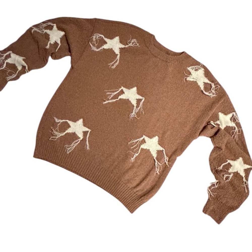 Rock and Roll Denim Womens XL Brown Fringed Star Crewneck Sweater BW32T05270